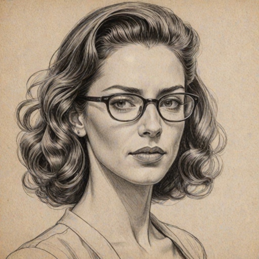 Fascinating Claudia Black, pencil sketch, portrait of Attractive woman 1943s in glasses, hair style beatnik, outline, clear lines, fine lines, 8k