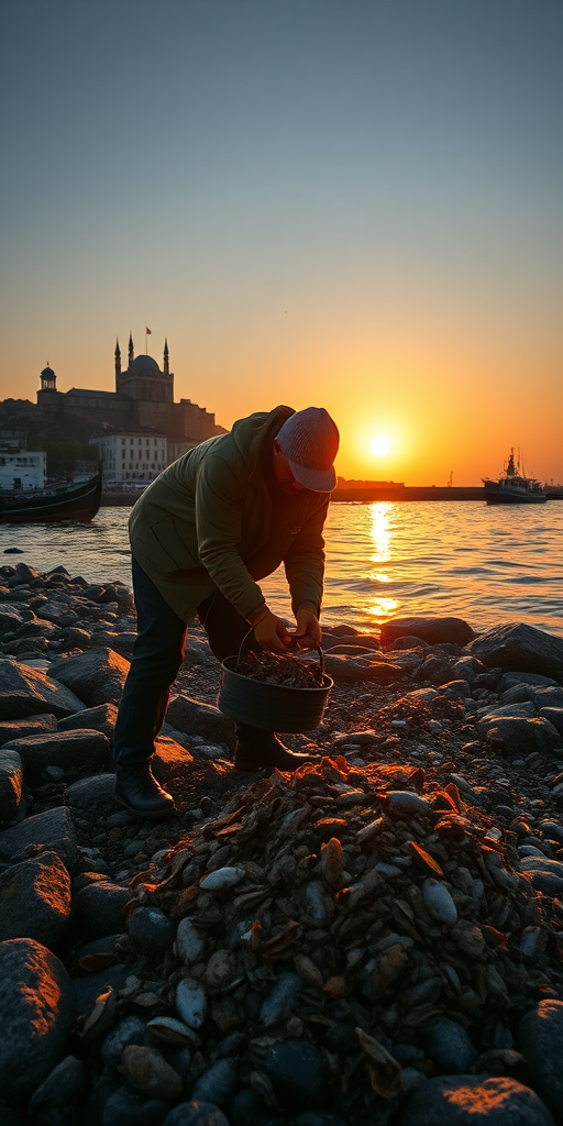 capture a fisherman collecting shellfish on rocky shore during sunset with distant castle-like buildings in the background, low angle view, shot with a 50mm lens at f/2.8, ISO 200, shutter speed 1/200, DSLR camera