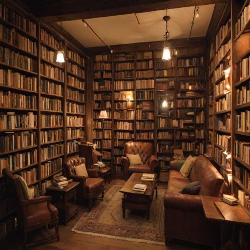 Charming old bookstore, with wooden shelves filled with books, a cozy reading corner with plush chairs, and soft lighting creating an inviting atmosphere for book lovers.