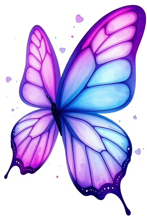 Create an artistic illustration of a butterfly with large wings. The wings should be a blend of vibrant purple and blue hues, featuring delicate swirls and splashes of watercolor effects. The background should be soft and light, enhancing the ethereal quality of the butterfly.