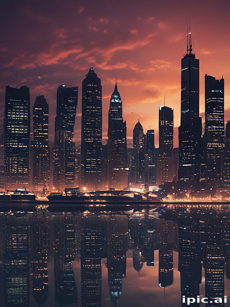 Stunning Urban Skyline Reflected in Water at Sunset with Dramatic Clouds