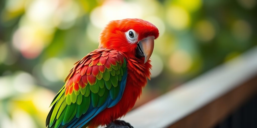 Close-up photograph of a vibrant red and green parrot perched on a wooden railing, soft bokeh background, aperture f/2.8, shutter speed 1/500s, ISO 100, taken with a DSLR camera in natural light.