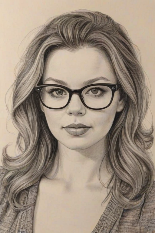 Splendid Amber Tamblyn, pencil sketch, portrait of Stunning woman 1956s in glasses, hair style beatnik, outline, clear lines, fine lines, 8k