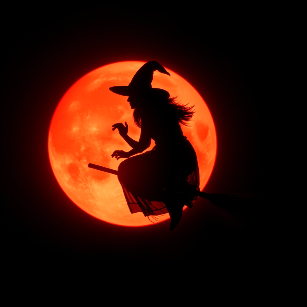 Double exposure, a silouette of a witch on a broomstick centered in the middle of an blood orange full moon.  Any suggestions on getting a good image of a witch on a broomstick centered in the middle of an blood orange full moon.  I tried different generators and changed the wording around.