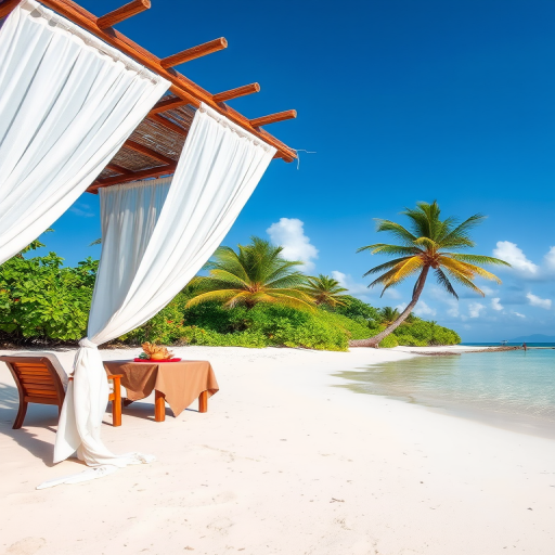 Create a picturesque tropical beach scene featuring a serene, white sandy shore. In the foreground, there's a rustic wooden canopy with white drapes gently flowing in the breeze. Underneath the canopy, a table is set with tropical decor, evoking a sense of relaxation and leisure. The beach extends into a calm, shallow water area with reflections of the sky and surroundings. Palm trees and lush greenery line the edge of the beach, providing a natural, tropical backdrop. The sky is clear with a few scattered clouds, and the overall atmosphere is tranquil and inviting, perfect for a peaceful retreat.