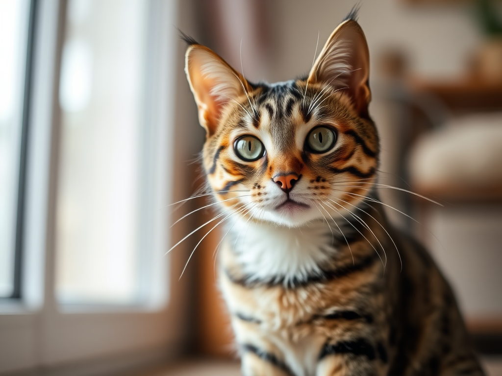 Capture a close-up of a tabby cat sitting indoors with soft natural lighting, using a DSLR camera with a 50mm lens at f/1.8, ISO 200, and a shutter speed of 1/250s, focusing on the cat's face with a shallow depth of field to blur the background.