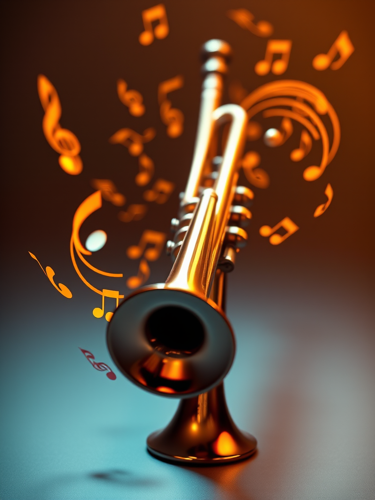 A 3D rendering of a trumpet with abstract musical notes swirling around it, captured in a dramatic lighting setup, using a Canon EOS R5, 85mm lens, f/1.4 aperture, ISO 100, with a shallow depth of field and studio lighting to enhance color saturation and contrast.
