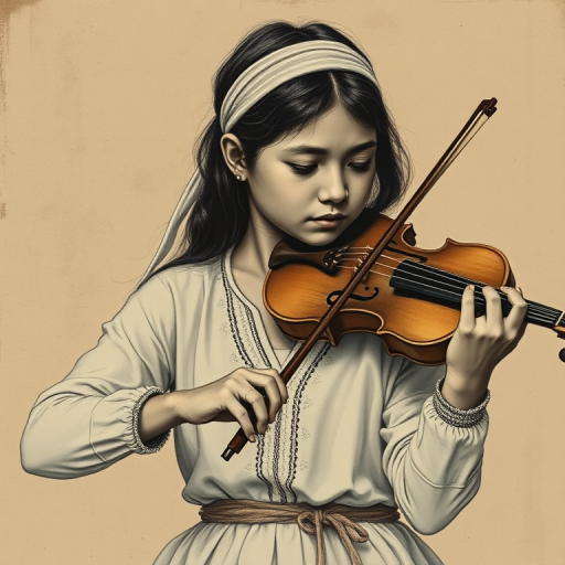 a young Mapuche woman with a white headband playing a violin, in the style of a charcoal drawing, sepia grunge background