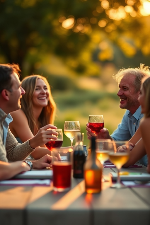 Table setting with friends laughing and enjoying drinks in a natural setting, soft focus on background, golden hour lighting, shallow depth of field, 50mm lens, f/1.8, ISO 200, 1/100s, DSLR camera.