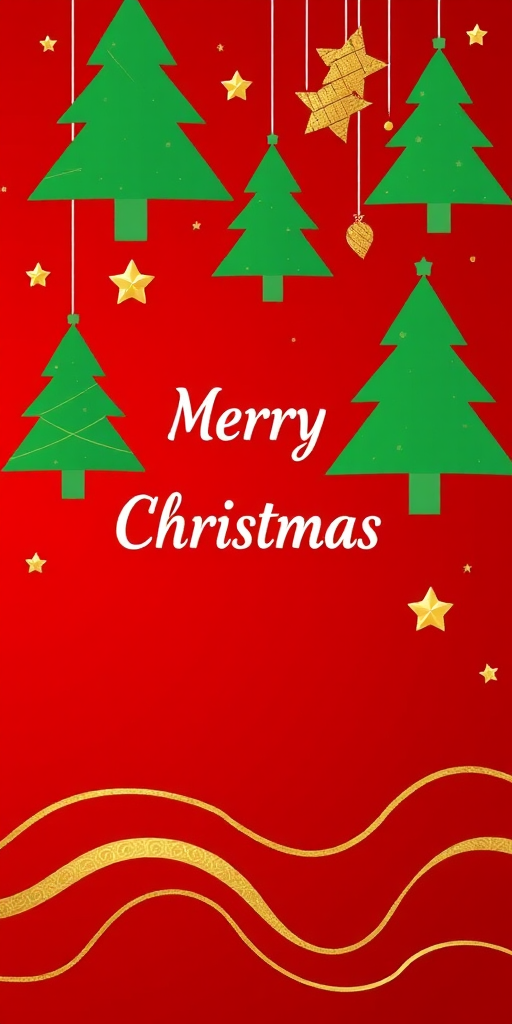 Create a festive Christmas card design with a deep red background, featuring stylized green Christmas trees, gold stars, and wavy lines in gold and white, with space for a personalized message, using a Canon EOS R5, 50mm lens, f/1.8 aperture, ISO 100, and soft lighting to enhance the vibrant colors and details.