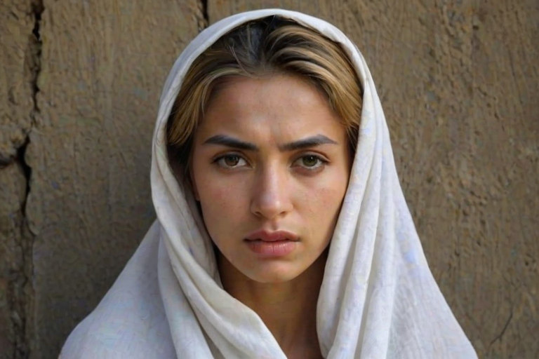 Create a close-up photographic image of a Tajik woman with light skin tones shown against an old, worn wall. Their head is wrapped in a white cloth covering (i.e.... parts of the head except the nose and mouth, which are open as if they are screaming...), with a slight texture and visible folds in the fabric. Thin strands of blonde hair escape from the wrapping above, falling lightly at the top and sides. Their hands hold the fabric as if they are tugging nervously. The lighting is dramatic and even, casting strong shadows. The image has a minimalist and surreal style with an emphasis on simplicity with soft color tones. The composition is centered.