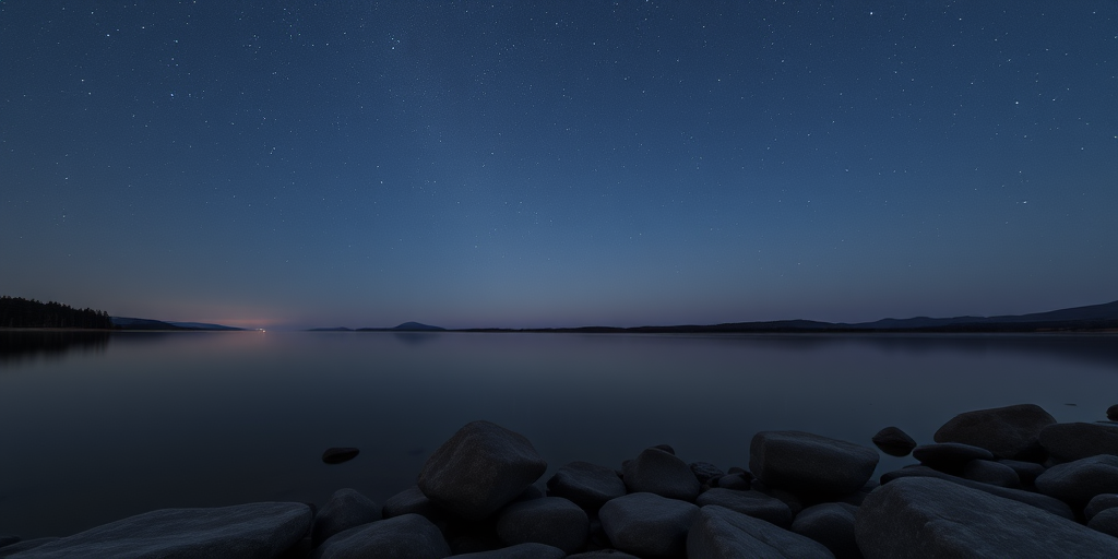 capture a serene night landscape at a still lake with clear starry skies, use a wide-angle lens at f/2.8, ISO 1600, 15-second exposure, focus on the water's surface reflecting the stars and the smooth rocks in the foreground, taken with a full-frame DSLR camera.