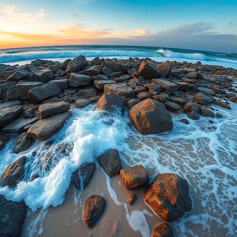 Regenerate an image of a rocky shoreline with waves crashing on the beach at sunrise, using a Canon EOS R camera, 24mm lens, f/11 aperture, ISO 100, 1/250s shutter speed, wide-angle view, and vibrant colors for enhanced image quality.