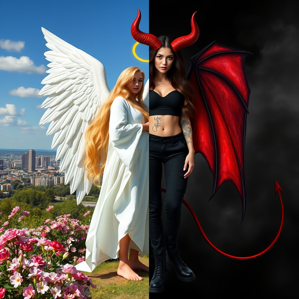 Create an image with a split composition, half representing an angel and half a demon. The angel is on the left, depicted with long, flowing blonde hair, a golden halo above her head, and wearing a white robe. She has large, feathered wings, and she's barefoot, standing amidst blooming flowers with a cityscape in the background under a clear blue sky with a few clouds. The demon is on the right, featuring long, wavy black and red hair, red horns on her head, and wearing a black crop top and black cargo pants. She has large, bat-like wings with red and black hues, and is wearing black combat boots. Her skin is adorned with tattoos. The background on the demon's side is dark and smoky, with hints of flames and a red tail curling behind her. Both figures stand back-to-back, creating a stark contrast between light and dark, good and evil.