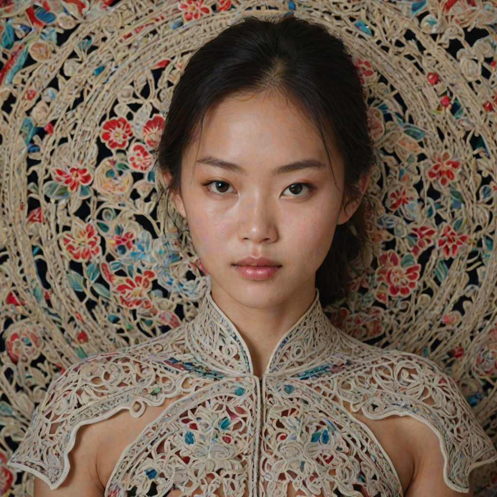 Face, shoulders, chest covered in openwork Vietnamese embroidery. Raw, unedited image.