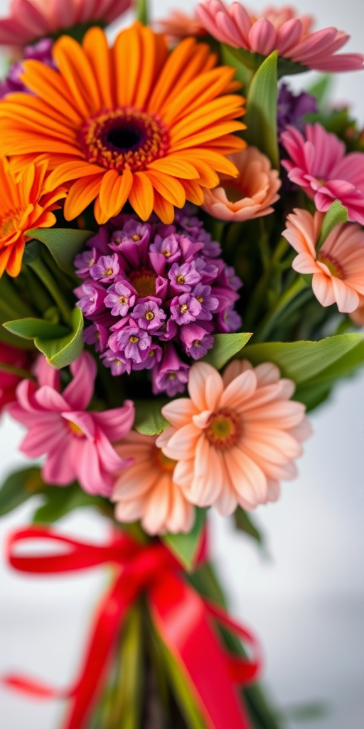 Create a vibrant bouquet of flowers with a variety of colors including orange, purple, and pink, surrounded by green leaves, tied with a red ribbon, using a DSLR camera with a 50mm lens, aperture f/2.8, ISO 100, and a shallow depth of field for a soft background.