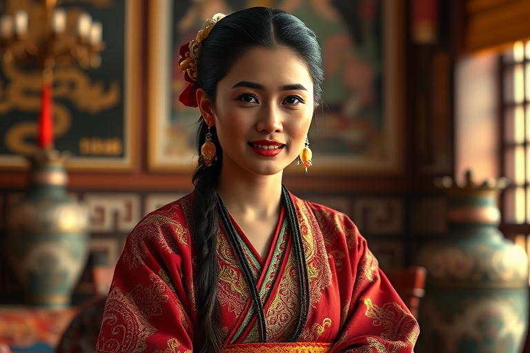 A beautiful Guarani woman in traditional East Asian attire, intricately detailed with embroidered patterns, sitting gracefully in a richly decorated room, soft ambient lighting, serene and elegant, ultra-realistic, 8K resolution