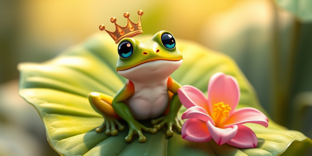 Create a high-quality illustration of a cartoon frog wearing a crown sitting on a large green leaf next to a pink flower, using a macro lens with a shallow depth of field, soft lighting, and vibrant colors to enhance details.