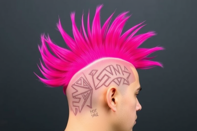 Bold magenta mohawk called "Rebel Rose," stands tall and proud with shaved sides, featuring intricate geometric patterns etched into the buzzed areas, while the vibrant center strip is styled into spiky tufts for a fierce and daring statement