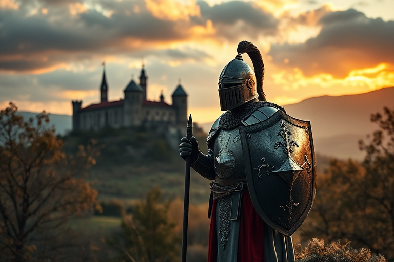 medieval knight in armor standing guard with a spear and shield in a dramatic landscape, historic castle in the background, early evening light, Canon EOS 5D Mark IV, aperture f/8, ISO 200, 24mm lens, wide-angle view, high dynamic range processing