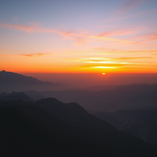 high-resolution image of a scenic sunset over mountains with a warm color palette, using a Canon EOS R5, aperture f/8, shutter speed 1/125s, ISO 200, wide-angle view, soft focus style