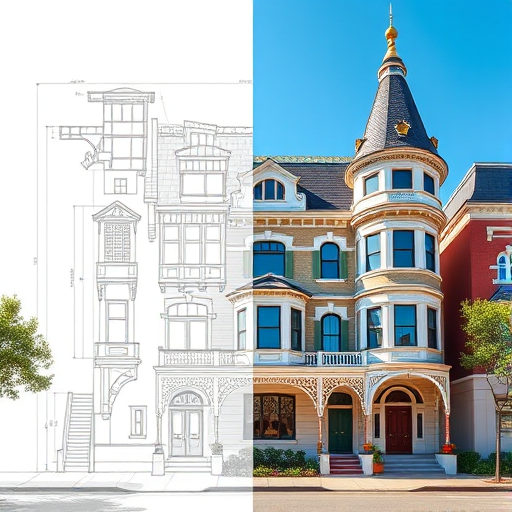 Regenerate an architectural illustration showing a two-sided comparison of a detailed blueprint and a realistic rendering of a Victorian-style building, captured with a Canon EOS R5, 24mm lens, f/8 aperture, ISO 100, in a sunny daytime setting with vibrant colors and clear shadows.