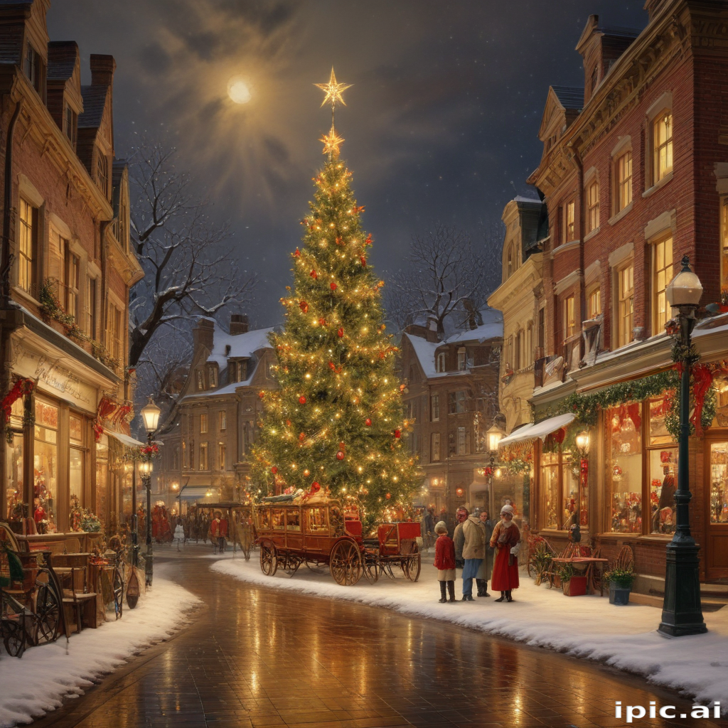 Charming Winter Scene with a Festive Christmas Tree in a Snowy Village
