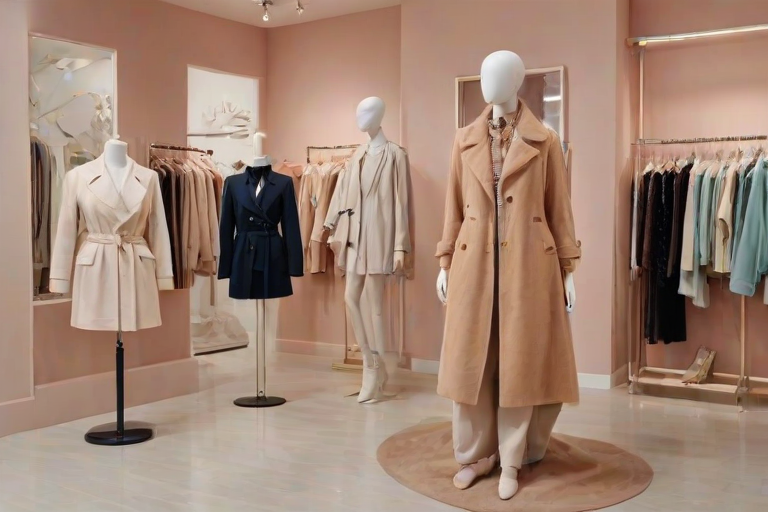 Stylish boutique, showcasing an array of fashionable clothing and accessories, a mannequin dressed in a chic outfit near the entrance, and a soft color palette creating an inviting atmosphere.