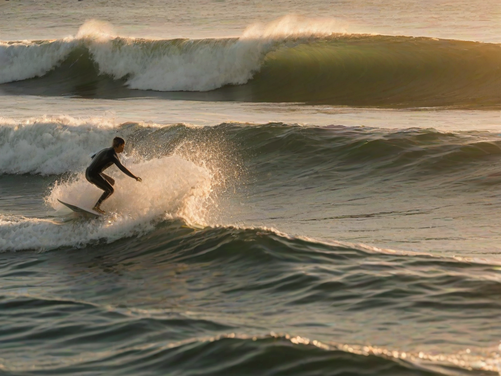 Blurry action shot, a surfer catching a large wave, water splashing around them, sunset colors reflecting off the ocean surface, intense focus on their face, other surfers in the background waiting for the next wave, golden light filtering through the crest of the wave.