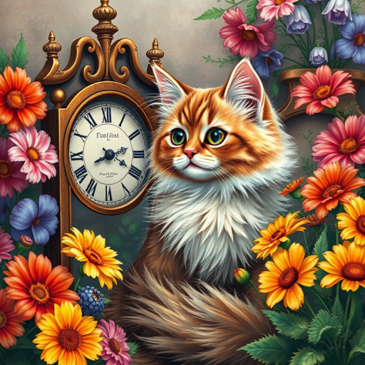 A detailed illustration of a fluffy cat sitting beside an antique clock surrounded by vibrant flowers, captured in a soft focus view, using a DSLR camera with a 50mm lens at f/1.8, ISO 100, 1/200s, emphasizing rich colors and textures.