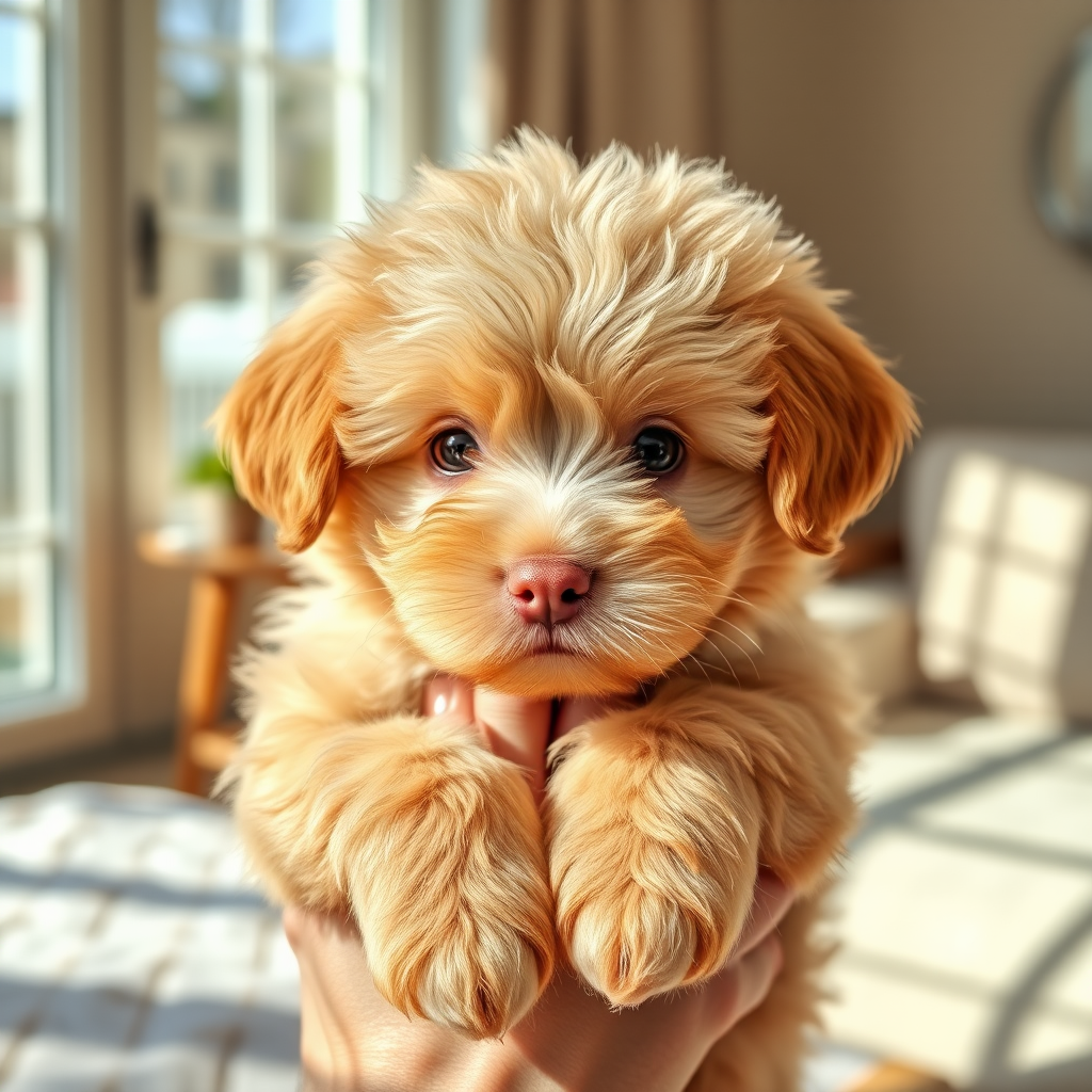 Generate an image of a fluffy light brown puppy being held by a person with a cozy indoor background featuring sunlight and soft textures the puppy has a cute expression with big eyes and a small nose