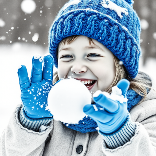 A hyperdetailed photorealistic macro image black and white pencil sketch of a young girl getting hit by a snowball during a snowball fight. She is wearing a brilliant sapphire blue wool beanie and bright blue mittens. She is trying to block the snowball by putting her hands up. The snowball hits her beanie and disintegrates into myriad tiny snowflakes caught with high speed photography. The girl is laughing and having a wonderful time.