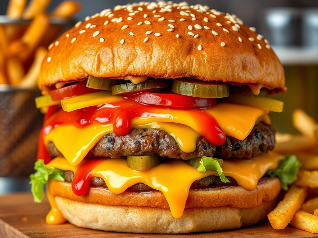 High-resolution, close-up image of a gourmet double cheeseburger. The burger features a glossy, sesame-seed-topped brioche bun. Inside, there are two thick, juicy beef patties, each topped with melted cheddar cheese. The burger is garnished with fresh lettuce, tomato slices, diced onions, and pickles. A generous amount of ketchup and a creamy, orange-colored sauce is dripping down the sides, adding to the mouth-watering appeal. In the background, there are blurred elements including a side of golden French fries and a hint of a beverage, enhancing the overall presentation of a delicious meal.