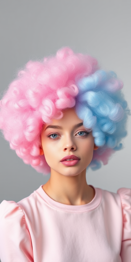 Cotton Candy Cloud Puff presents a whimsical mix of pastel pink and baby blue hues, styled in a voluminous, teased afro that seems to float like a cloud