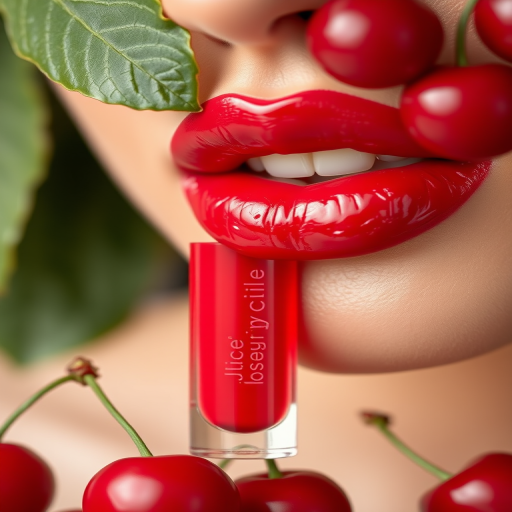 Sheer cherry red lip oil "Juicy Crush" with a glossy, wet-look finish and nourishing fruit extracts, perfect for a fresh-faced and youthful appearance, hydrating and plumping