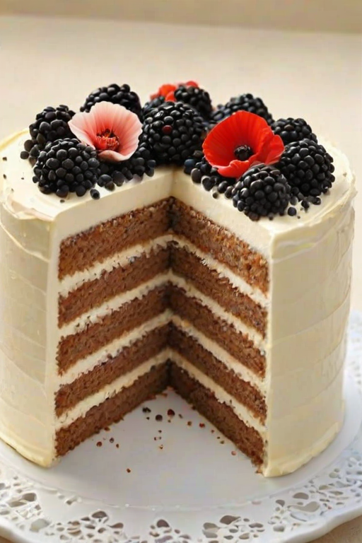 Create an image of a layered cake with a smooth, white frosting. The cake should have a slice cut out, revealing a light-colored, moist interior with a hint of poppy seeds. The frosting should have a glossy finish and the cake should be displayed on a decorative glass stand. Include a soft, neutral background to highlight the cake.