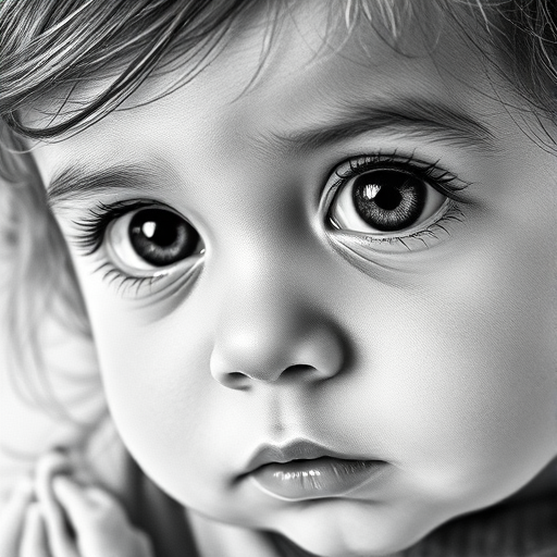 A hyperdetailed photorealistic black and white sketch of a beautiful toddler with deep black eyes, with a macro focus