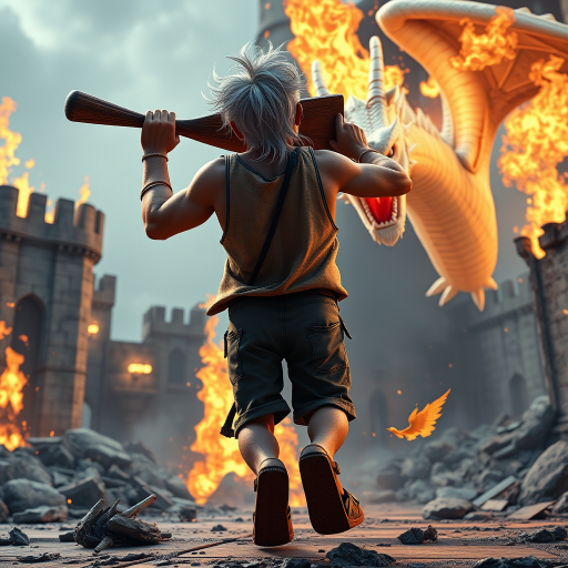 Cartoon 3D High-Resolution,dynamic battle scene using Unreal Engine 5 and Octane Render. The scene features back of an elderly, thai man with a beard,messy hair and round golden-rimmed glasses. He is wearing a tattered tank top with soot marks, shorts, and sandals. sweating. he wields a baseball bat. He jump to fight with a white fire-breathing Europe dragon amidst a partially destroyed stone castle. Include intense flames, smoke, and debris to enhance the dramatic effect.