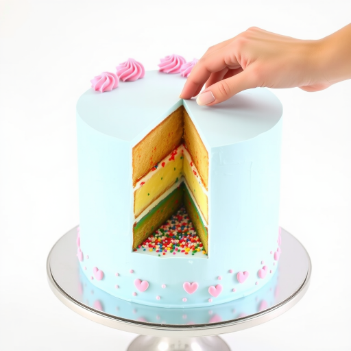 Create an image of a three-layer cake with a light blue frosting and pink frosting swirls on top. The cake is cut to reveal colorful layers inside, decorated with sprinkles and small heart-shaped decorations around the base. A hand is reaching towards the cake, set on a silver cake stand with a clean white background.