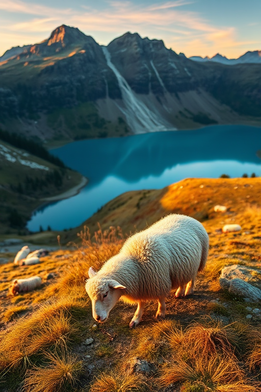 high-resolution landscape photograph of a mountain lake with a grazing sheep in the foreground, taken with a Canon EOS R5, 24mm lens, f/8 aperture, ISO 100, shot during golden hour for warm lighting, focus on the vibrant blue water and rugged terrain