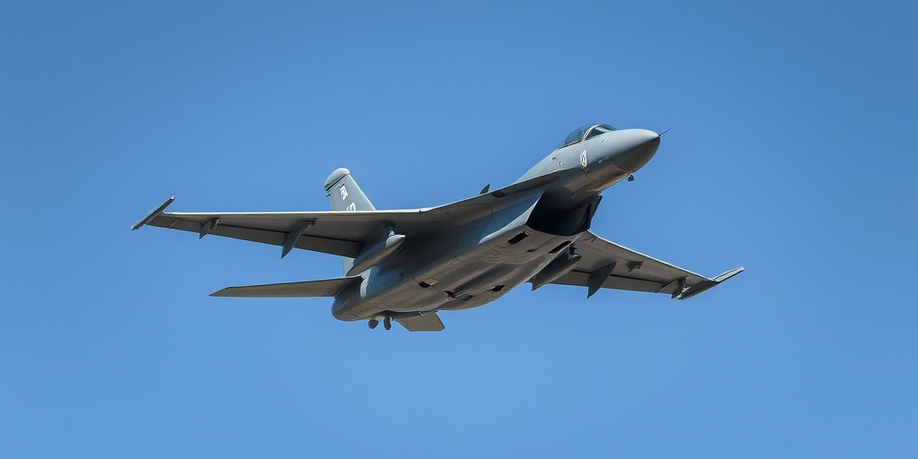 capture a high-resolution image of a military jet in flight against a clear blue sky, using a DSLR camera with a 50mm lens, at f/8 aperture, ISO 200, shutter speed 1/1000s, capturing it from a low angle to emphasize the aircraft's details and speed