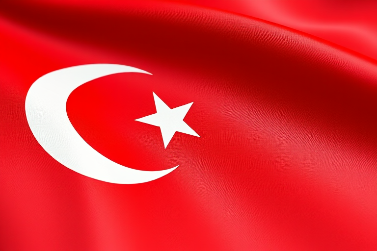 Create a high-resolution digital illustration of the Turkish flag with a glossy finish, captured using a DSLR camera at f/8 aperture, ISO 100, 1/200 second shutter speed, in a macro shot to highlight details with a soft focus background.