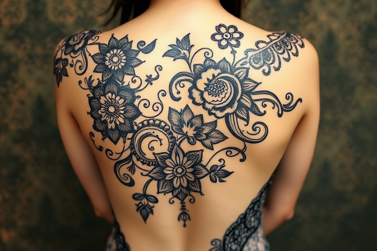 Ornate mehndi-inspired blackwork tattoo called "Lace of the Orient" featuring intricate henna-like patterns flowing organically across the skin delicate swirls paisleys and floral motifs intertwine creating the illusion of dark lace adorning the body with mesmerizing symmetry and grace