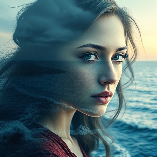 this image is Book cover, A surreal double exposure portrait that blends a woman's face with a beautiful seascape. The overall mood is dreamy and mystical, with rich colors and intricate details