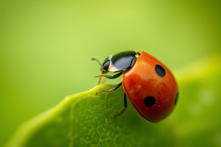 Macro shot of a ladybug on a green leaf, shallow depth of field, soft focus background, ISO 200, f/2.8 aperture, 100mm macro lens, natural light, DSLR camera.