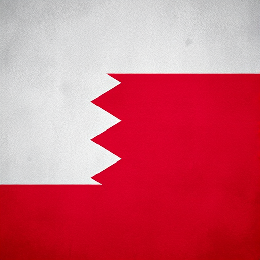 Create a high-resolution image of the flag of Bahrain with a textured background, using a DSLR camera with a 50mm lens, aperture set to f/8, ISO 100, and a centered view from a slight upward angle for enhanced details.