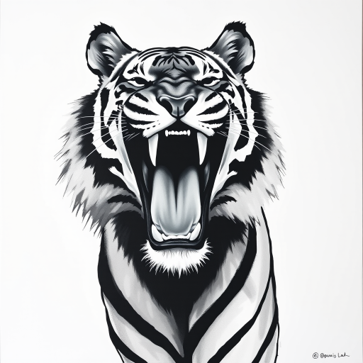 Abstract black and white acrylic portrait of an over exaggerated laughing (tiger). Minimalism style. White background.
