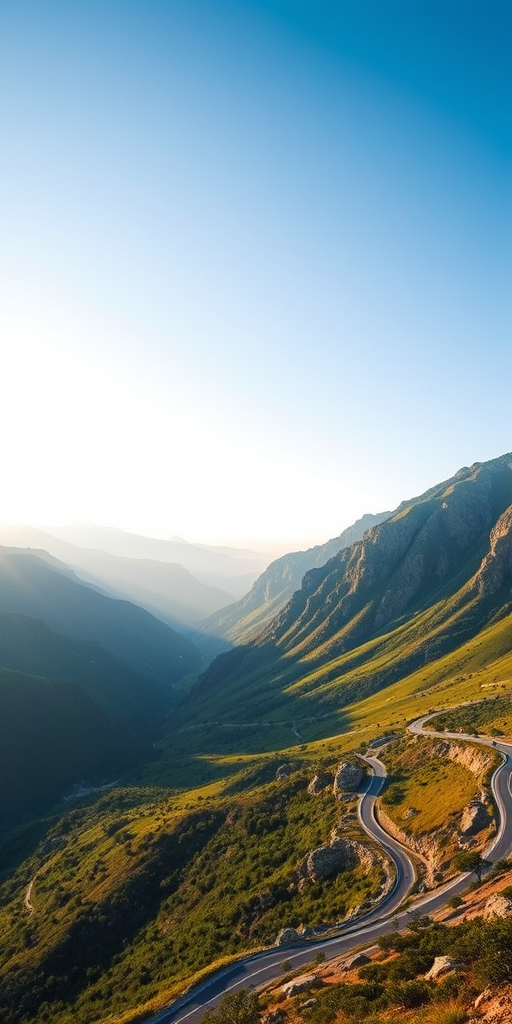 capture a panoramic landscape of a mountainous region with lush green valleys and a winding road under a clear blue sky, use a Canon EOS R5 with a 24-70mm f/2.8 lens, aperture f/8, ISO 100, shutter speed 1/125 sec, golden hour lighting for enhanced contrast and warm tones, shot from a high vantage point to showcase depth and perspective.
