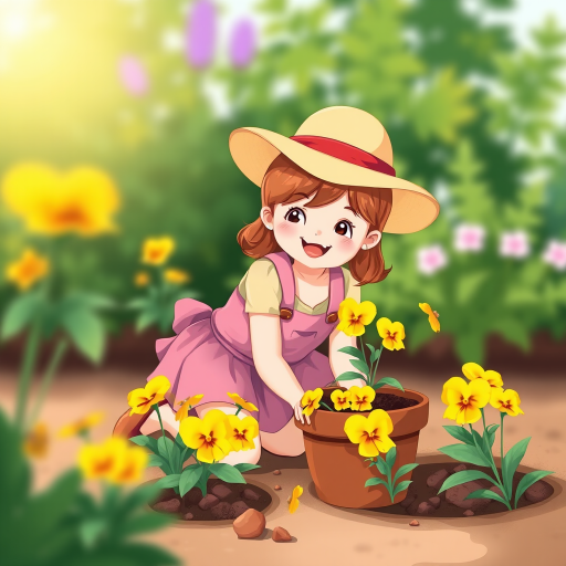 Create an illustrated image of a cheerful girl with a sun hat planting vibrant yellow pansies in a pot, kneeling on the ground, lush garden background, use a soft focus lens style, ISO 200, aperture f/4, 50mm lens for depth of field and clarity.