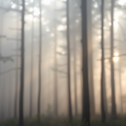 Soft-focus image of a misty forest in the early morning, with tall trees fading into the background, soft beams of light filtering through the branches.